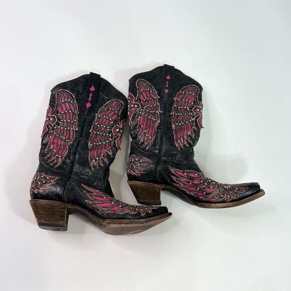 Corral Western Boots Womens 7 Black Pink Rhinestone Wing Cross Design Cowboy - Picture 1 of 13